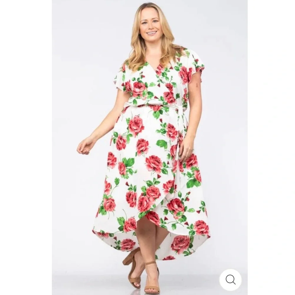 1X 2X 3X Ivory & Red Rose Wrap High Low Maxi Dress Plus Size - Picture 1 of 7
